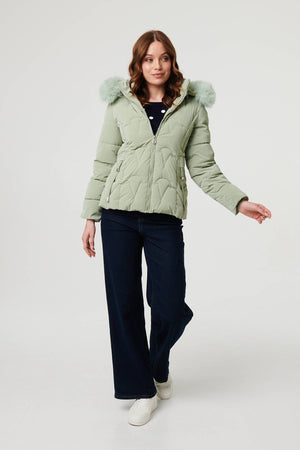 Green | Faux Fur Trim Hooded Zip-Up Jacket
