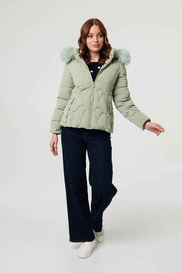 Green | Faux Fur Trim Hooded Zip-Up Jacket
