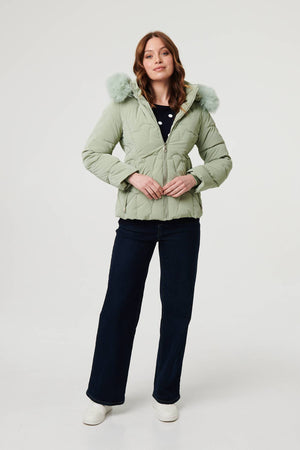 Green | Faux Fur Trim Hooded Zip-Up Jacket
