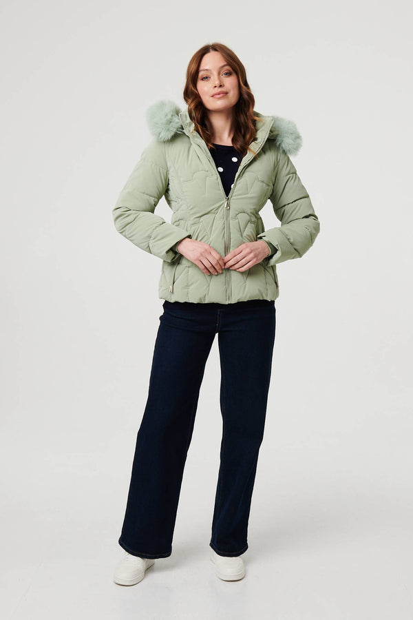 Green | Faux Fur Trim Hooded Zip-Up Jacket
