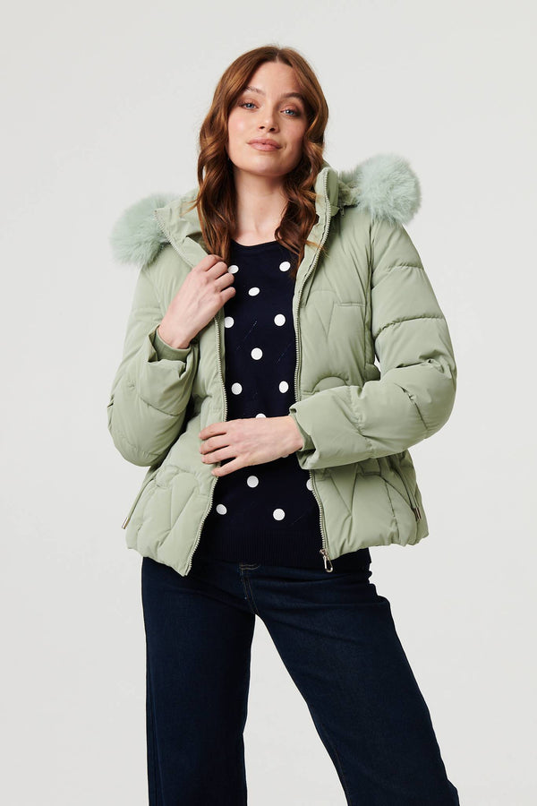 Green | Faux Fur Trim Hooded Zip-Up Jacket
