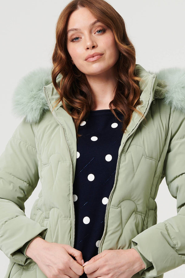 Green | Faux Fur Trim Hooded Zip-Up Jacket
