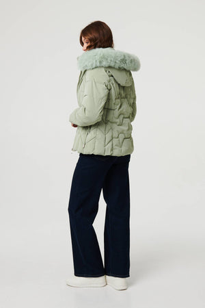 Green | Faux Fur Trim Hooded Zip-Up Jacket
