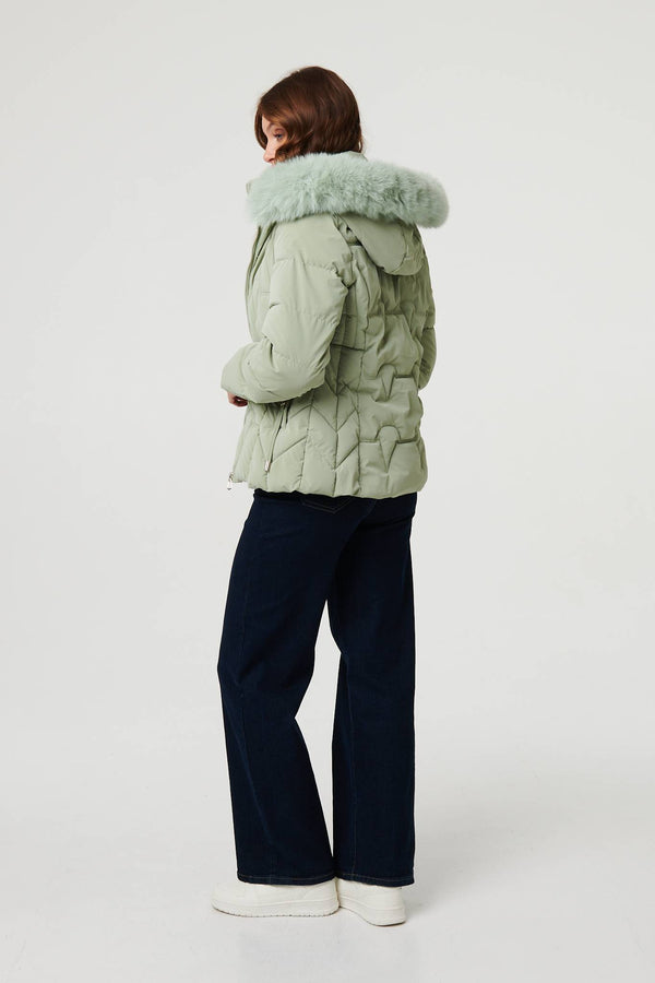 Green | Faux Fur Trim Hooded Zip-Up Jacket
