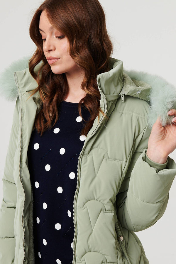 Green | Faux Fur Trim Hooded Zip-Up Jacket
