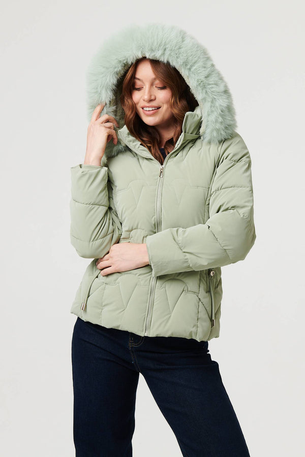 Green | Faux Fur Trim Hooded Zip-Up Jacket
