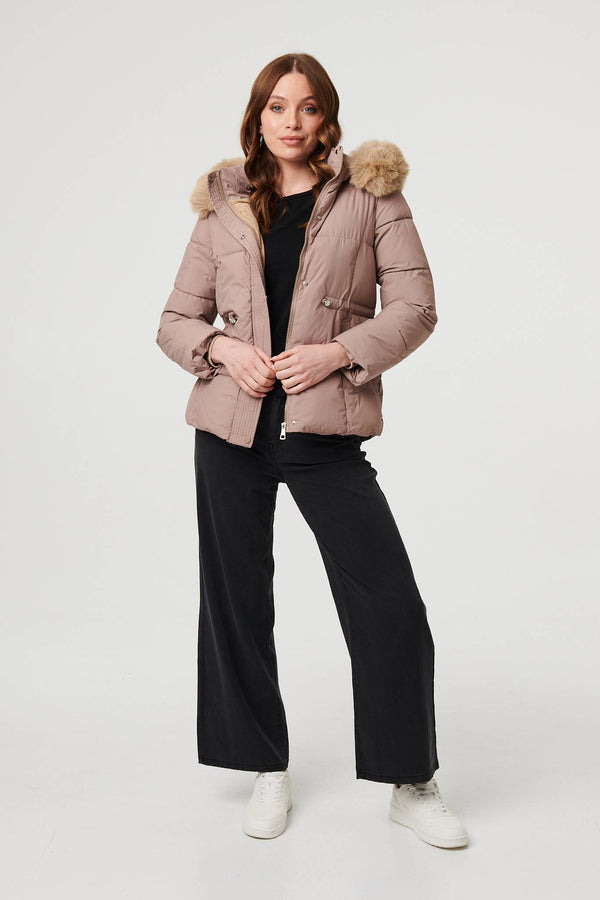 Beige | Faux Fur Trim Hood Puffer Jacket
