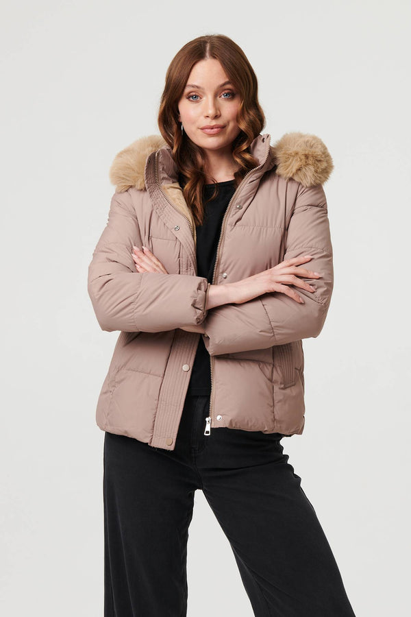 Beige | Faux Fur Trim Hood Puffer Jacket
