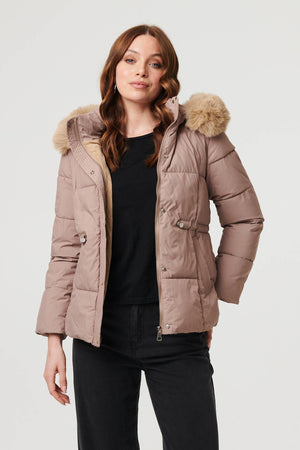 Beige | Faux Fur Trim Hood Puffer Jacket
