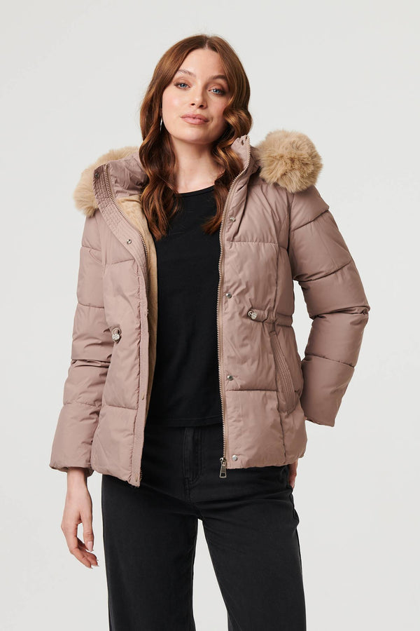 Beige | Faux Fur Trim Hood Puffer Jacket
