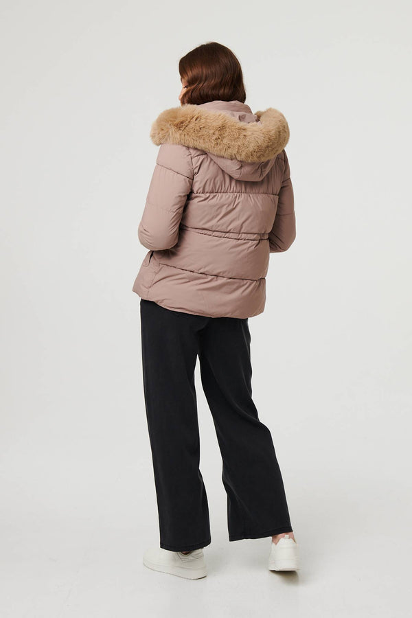 Beige | Faux Fur Trim Hood Puffer Jacket
