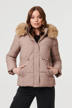 Beige | Faux Fur Trim Hood Puffer Jacket
