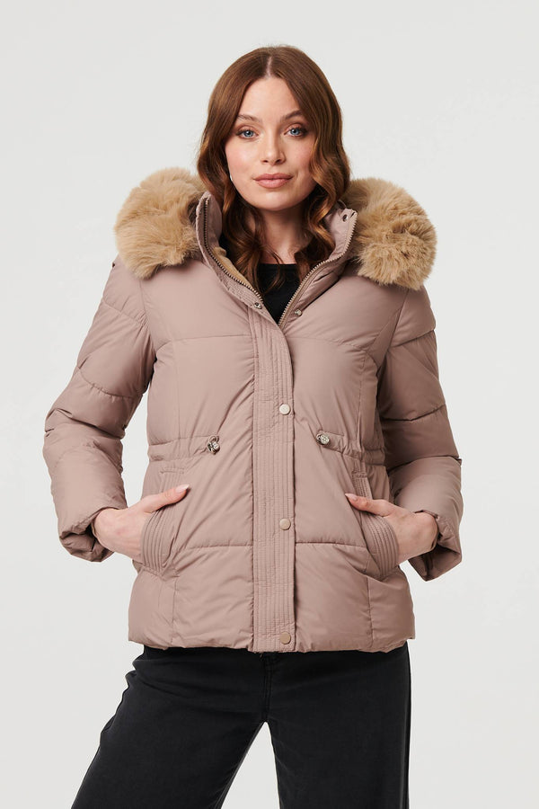Beige | Faux Fur Trim Hood Puffer Jacket
