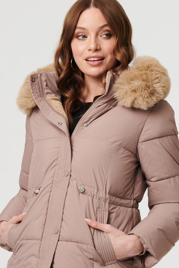 Beige | Faux Fur Trim Hood Puffer Jacket
