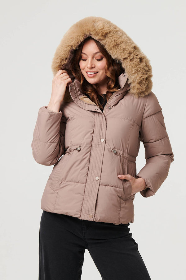 Beige | Faux Fur Trim Hood Puffer Jacket
