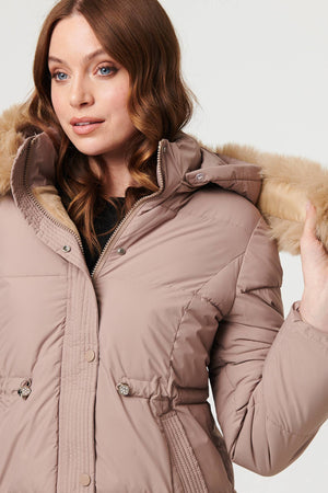 Beige | Faux Fur Trim Hood Puffer Jacket
