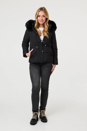 Black | Faux Fur Trim Hood Puffer Jacket
