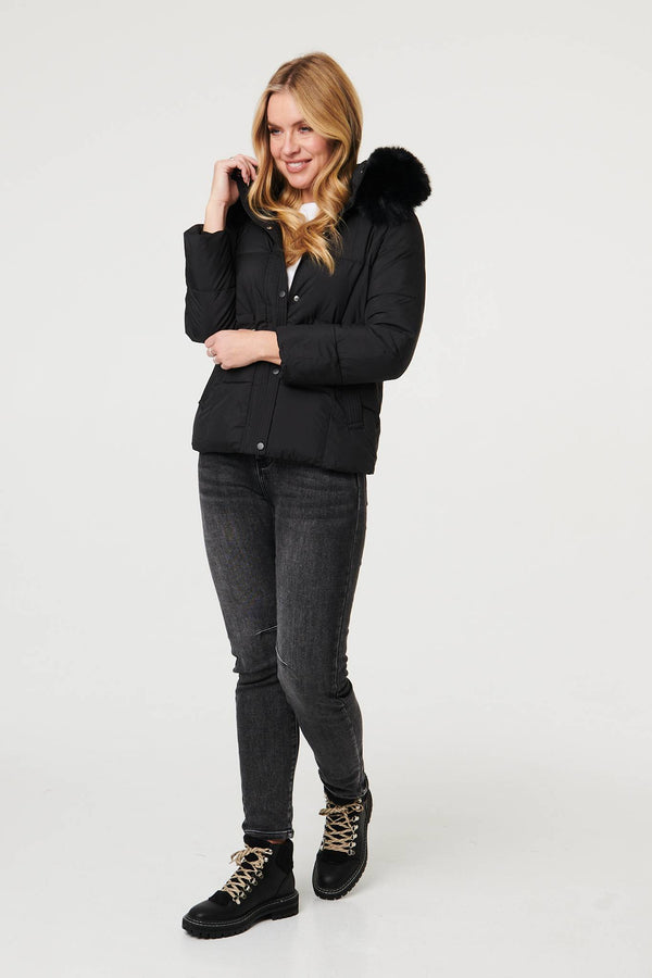 Black | Faux Fur Trim Hood Puffer Jacket
