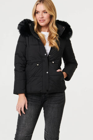 Black | Faux Fur Trim Hood Puffer Jacket : Model is 5'10
