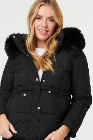 Black | Faux Fur Trim Hood Puffer Jacket
