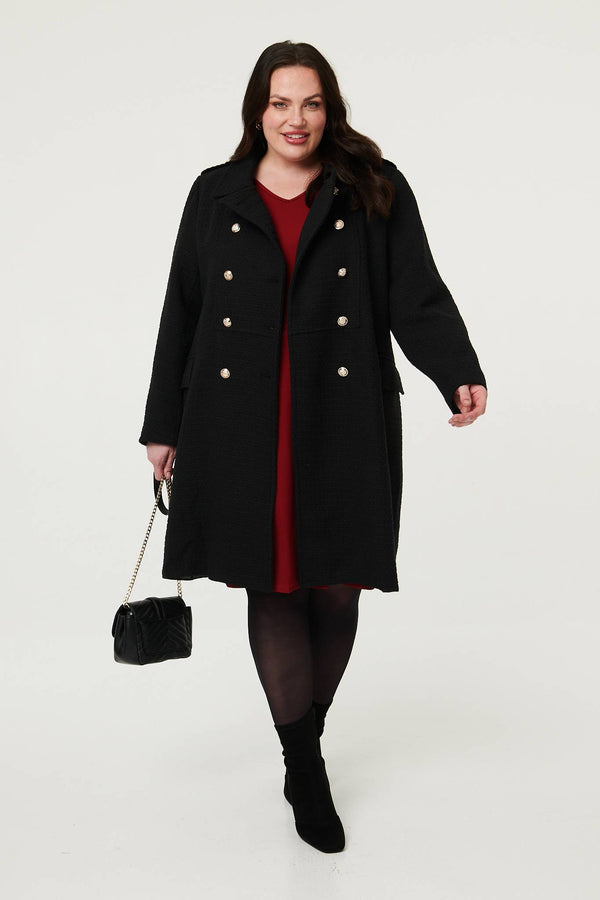 Black | Curve Textured Knit Button Front Trench Coat
