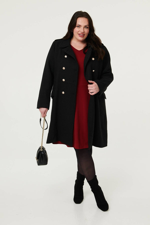 Black | Curve Textured Knit Button Front Trench Coat