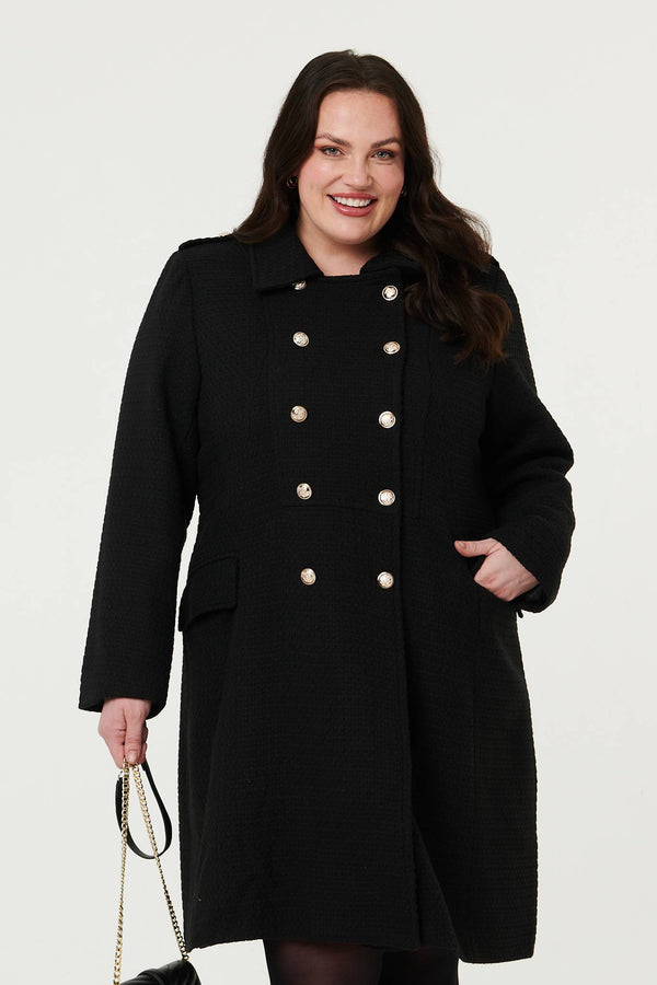 Black | Curve Textured Knit Button Front Trench Coat