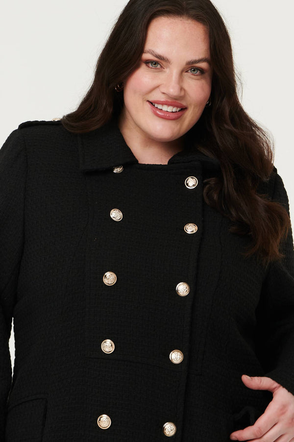 Black | Curve Textured Knit Button Front Trench Coat