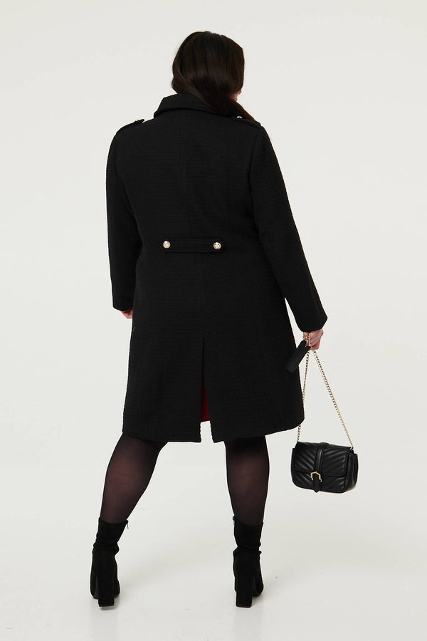 Black | Curve Textured Knit Button Front Trench Coat