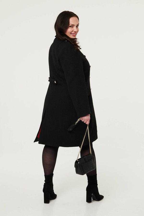 Black | Curve Textured Knit Button Front Trench Coat