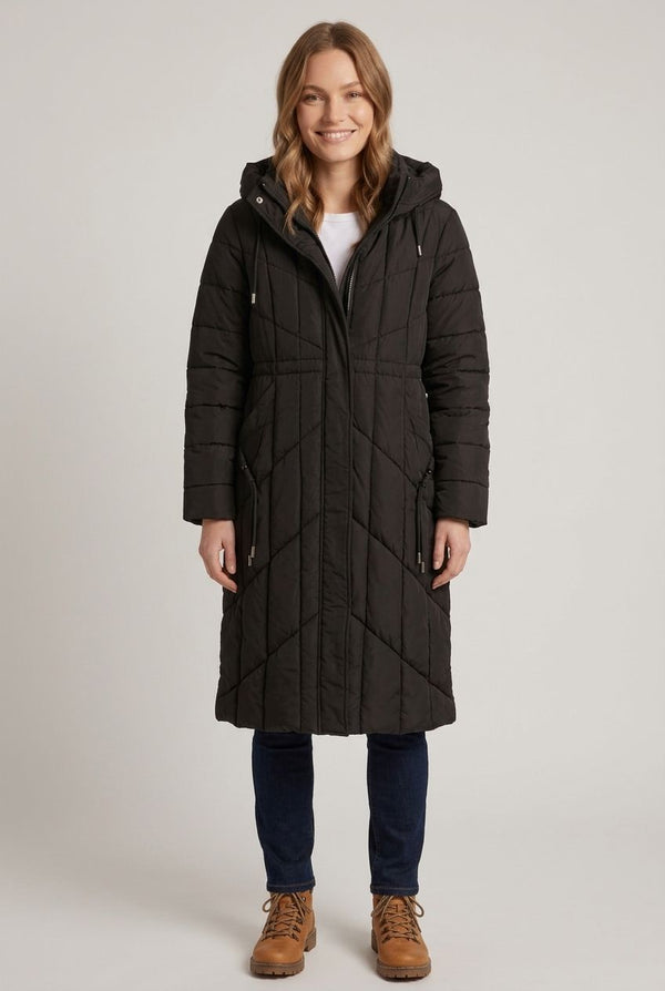 Black | Longline Hooded Zip-Up Puffer Jacket