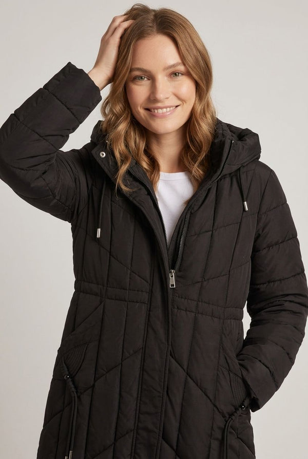 Black | Longline Hooded Zip-Up Puffer Jacket