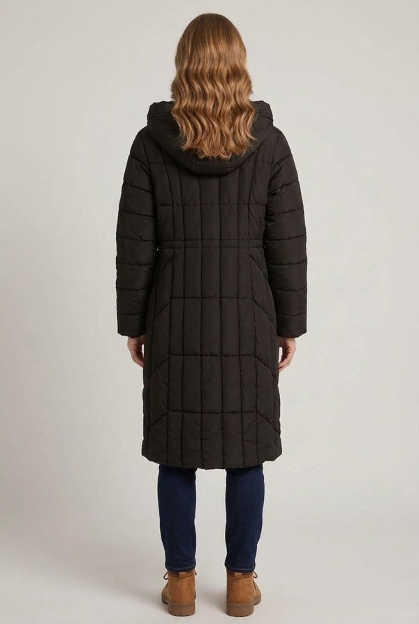 Black | Longline Hooded Zip-Up Puffer Jacket