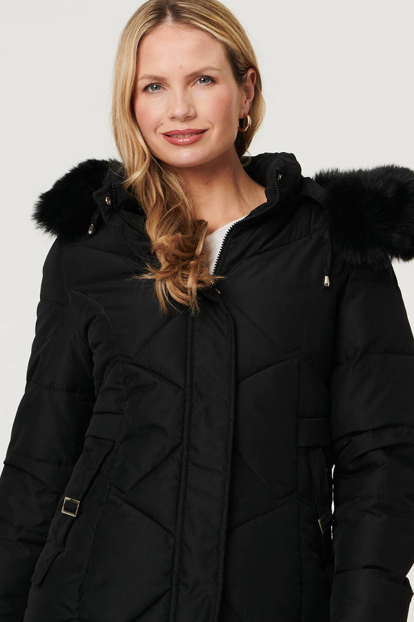 Black | Hooded Faux Fur Trim Puffer Jacket
