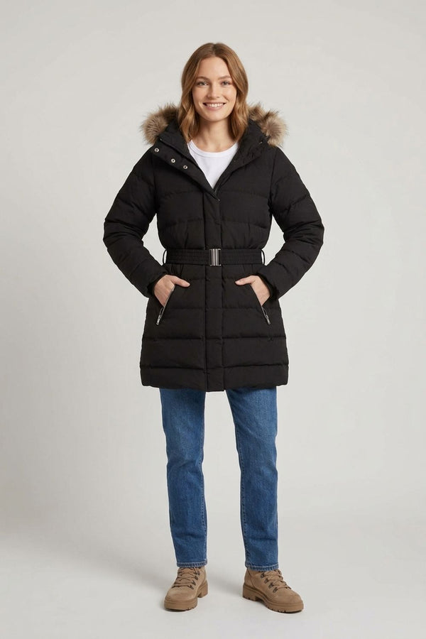 Black | Faux Fur Trim Thigh Length Puffer Jacket