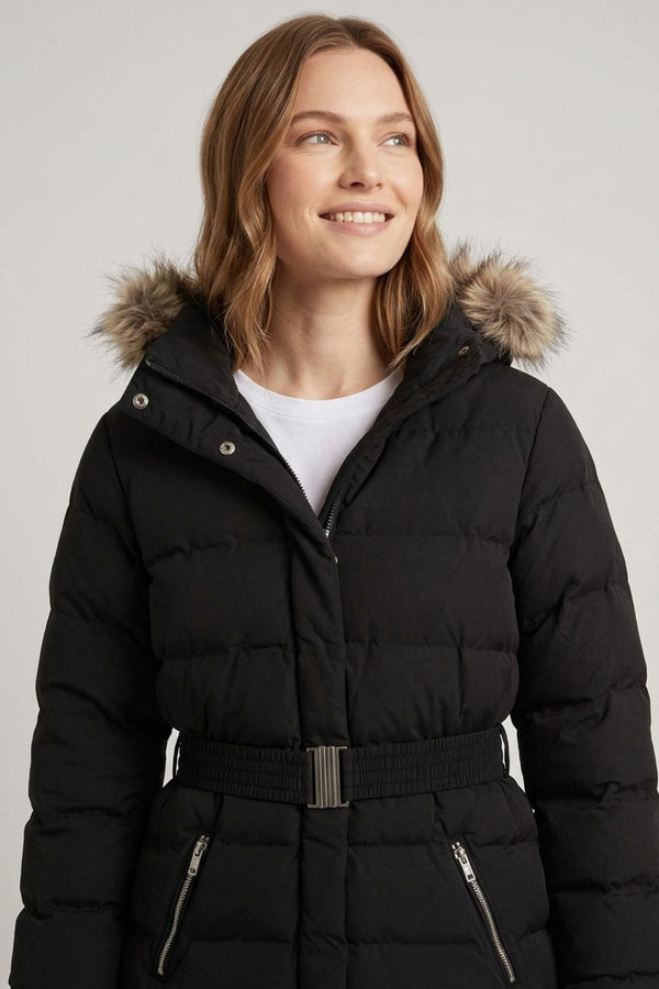 Black | Faux Fur Trim Thigh Length Puffer Jacket
