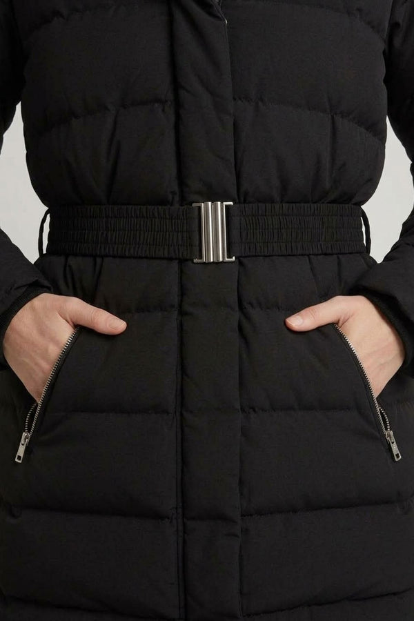 Black | Faux Fur Trim Thigh Length Puffer Jacket