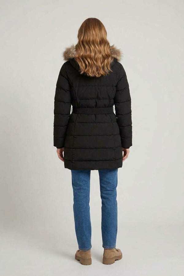 Black | Faux Fur Trim Thigh Length Puffer Jacket