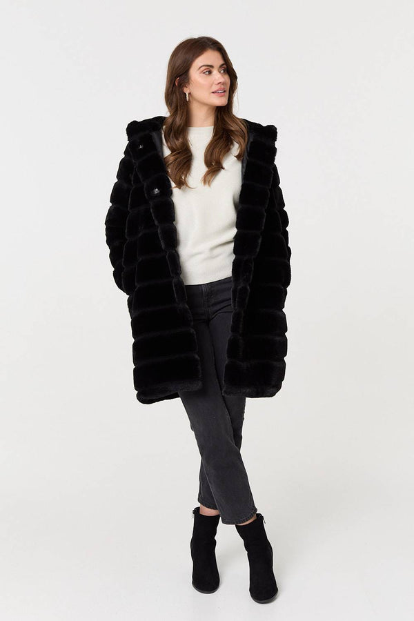Black | Faux Fur Thigh Length Hooded Jacket
