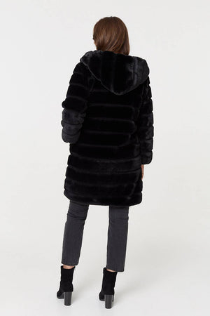 Black | Faux Fur Thigh Length Hooded Jacket
