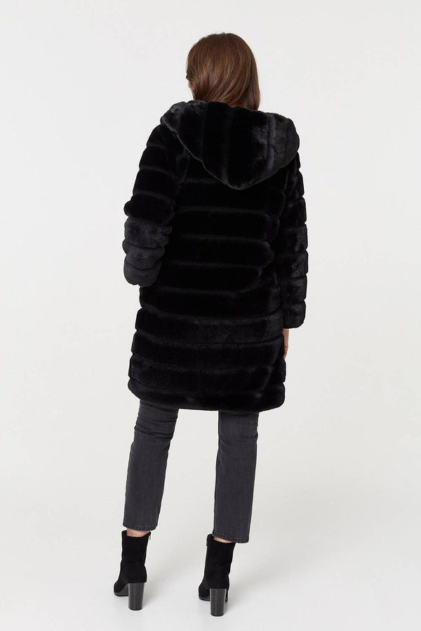 Black | Faux Fur Thigh Length Hooded Jacket
