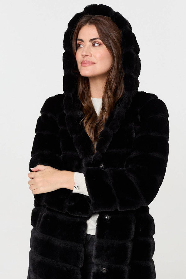 Black | Faux Fur Thigh Length Hooded Jacket
