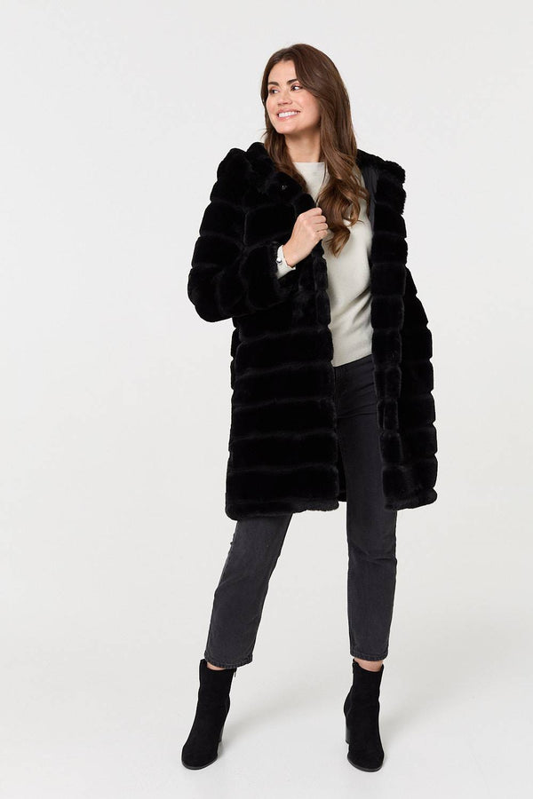 Black | Faux Fur Thigh Length Hooded Jacket
