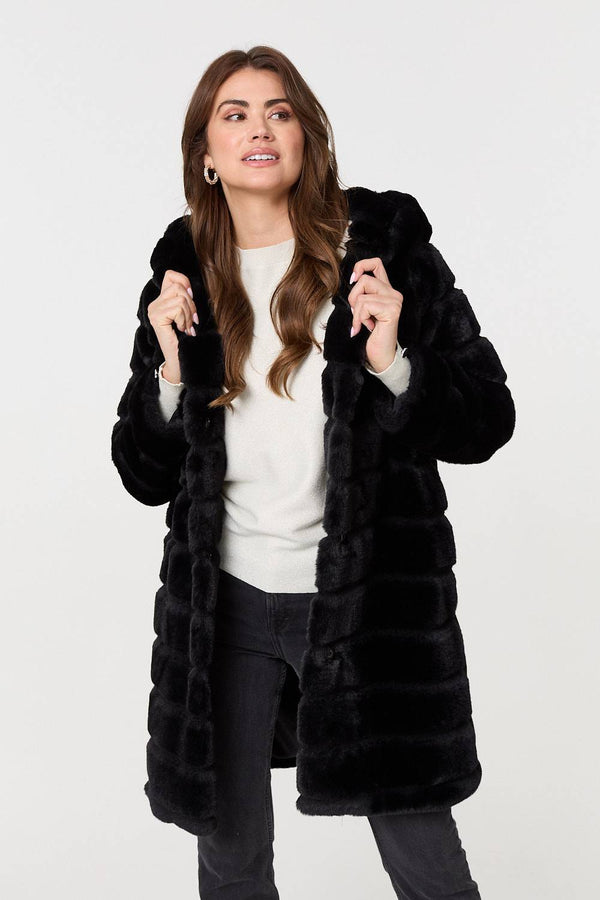 Black | Faux Fur Thigh Length Hooded Jacket

