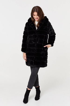 Black | Faux Fur Thigh Length Hooded Jacket

