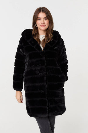 Black | Faux Fur Thigh Length Hooded Jacket
