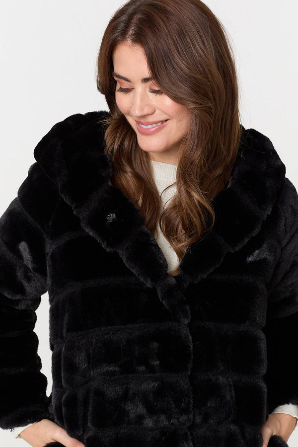 Black | Faux Fur Thigh Length Hooded Jacket
