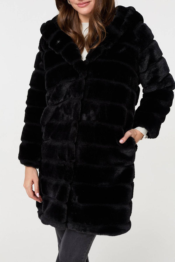 Black | Faux Fur Thigh Length Hooded Jacket
