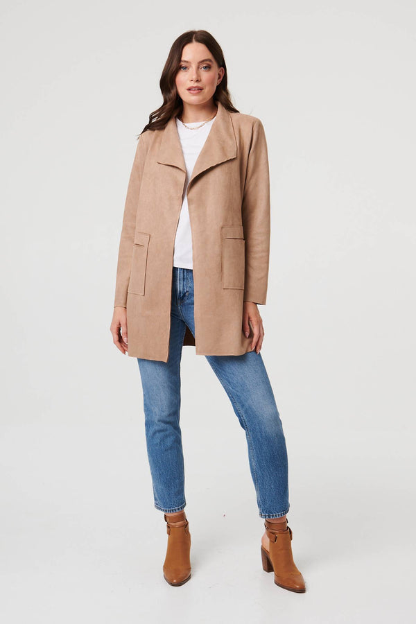 Brown | Faux Suede Collared Open Front Jacket
