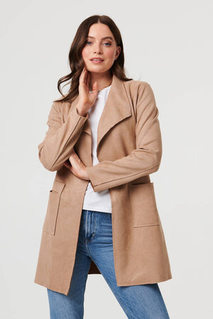 Brown | Faux Suede Collared Open Front Jacket
